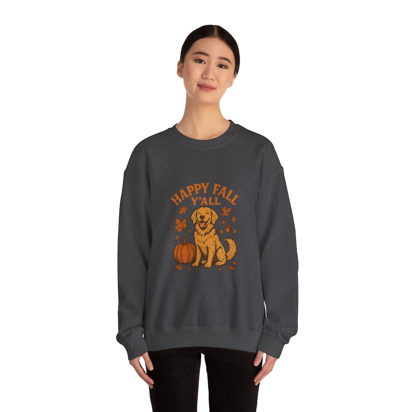Fall - Themed Sweatshirt with Happy Fall Y'all Design, Cozy Autumn Wear, Dog Lover Gift, Thanksgiving Apparel, By Trendy Life Gadgets - Trendy Life Gadgets