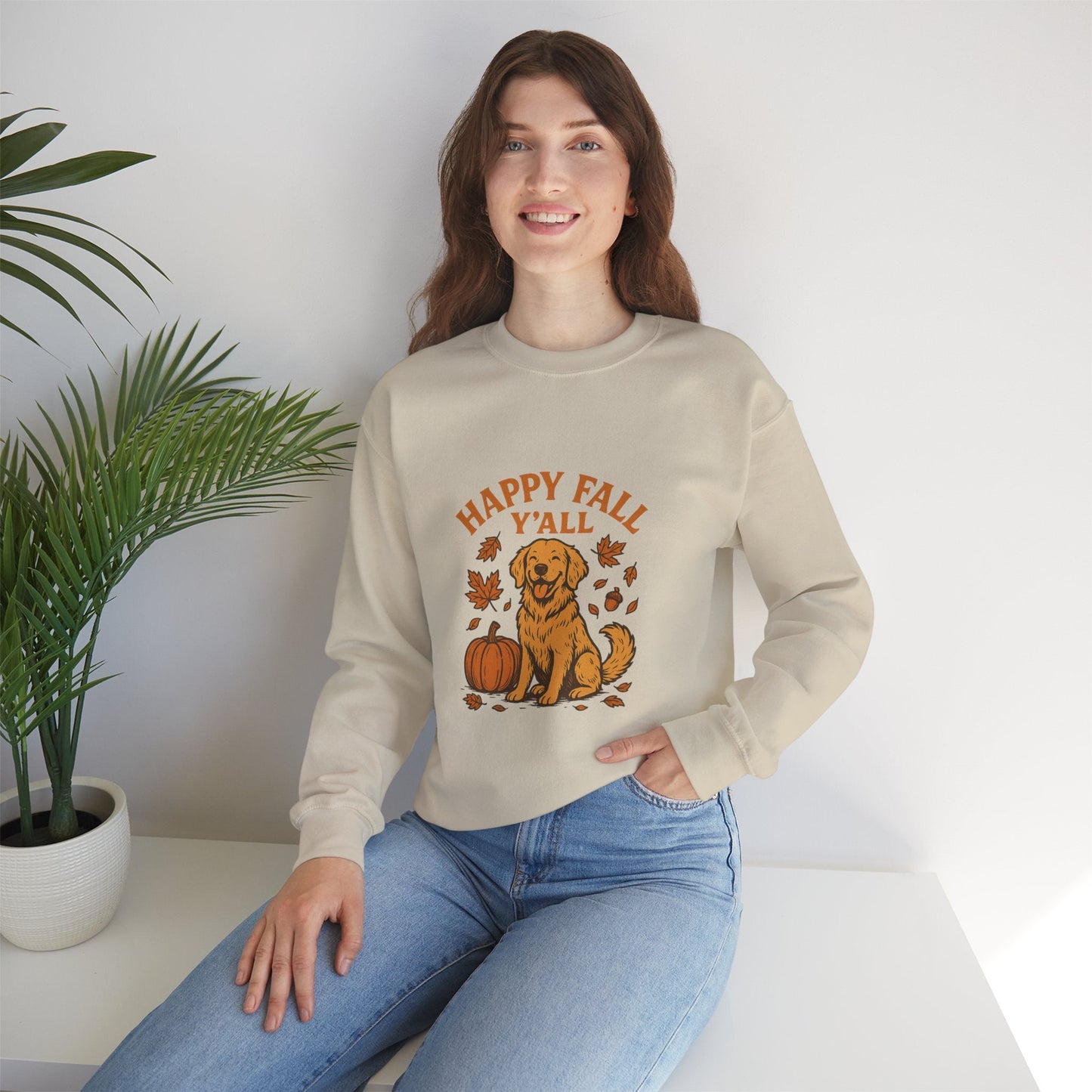 Fall - Themed Sweatshirt with Happy Fall Y'all Design, Cozy Autumn Wear, Dog Lover Gift, Thanksgiving Apparel, By Trendy Life Gadgets - Trendy Life Gadgets