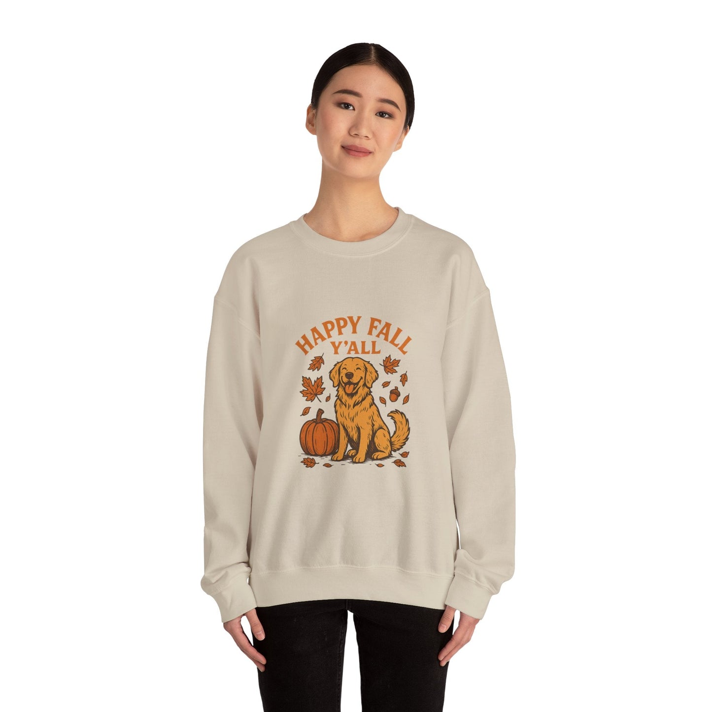 Fall - Themed Sweatshirt with Happy Fall Y'all Design, Cozy Autumn Wear, Dog Lover Gift, Thanksgiving Apparel, By Trendy Life Gadgets - Trendy Life Gadgets