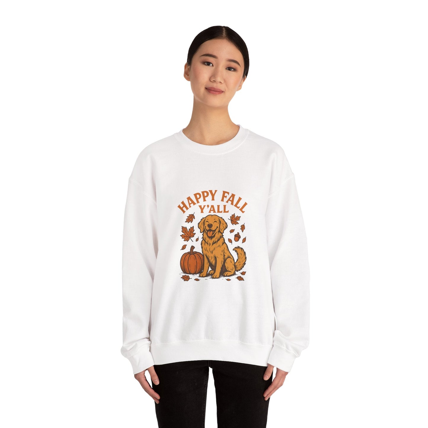 Fall - Themed Sweatshirt with Happy Fall Y'all Design, Cozy Autumn Wear, Dog Lover Gift, Thanksgiving Apparel, By Trendy Life Gadgets - Trendy Life Gadgets