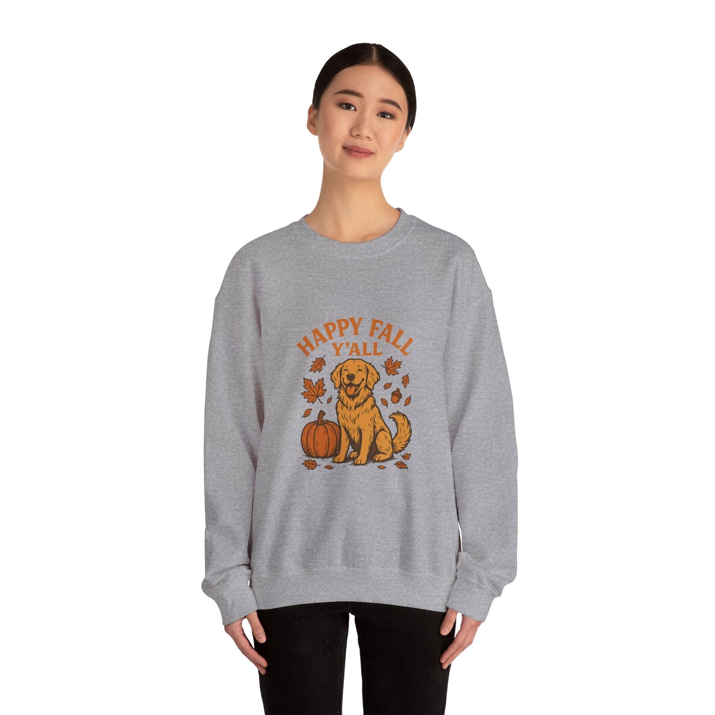 Fall - Themed Sweatshirt with Happy Fall Y'all Design, Cozy Autumn Wear, Dog Lover Gift, Thanksgiving Apparel, By Trendy Life Gadgets - Trendy Life Gadgets